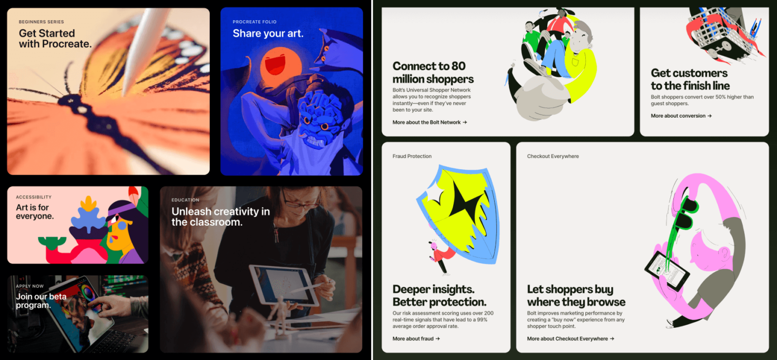 Two example images of the "Bento Box" design trend