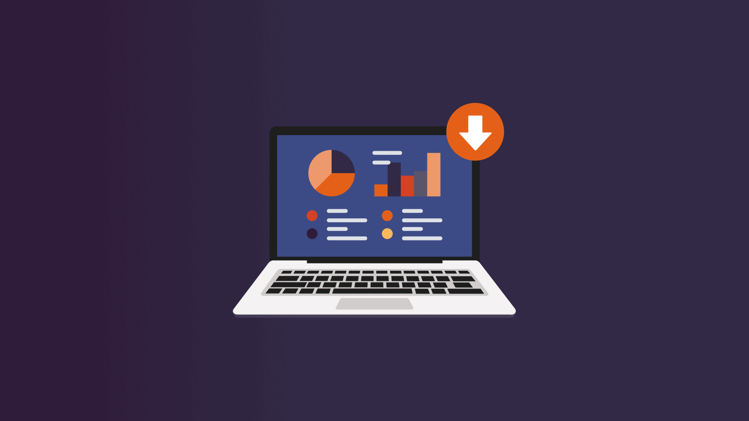 Illustration of a laptop with pie and bar graphs