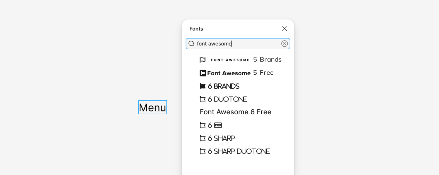 Figma UI of searching for font awesome font and multiple results, versions and styles appear.