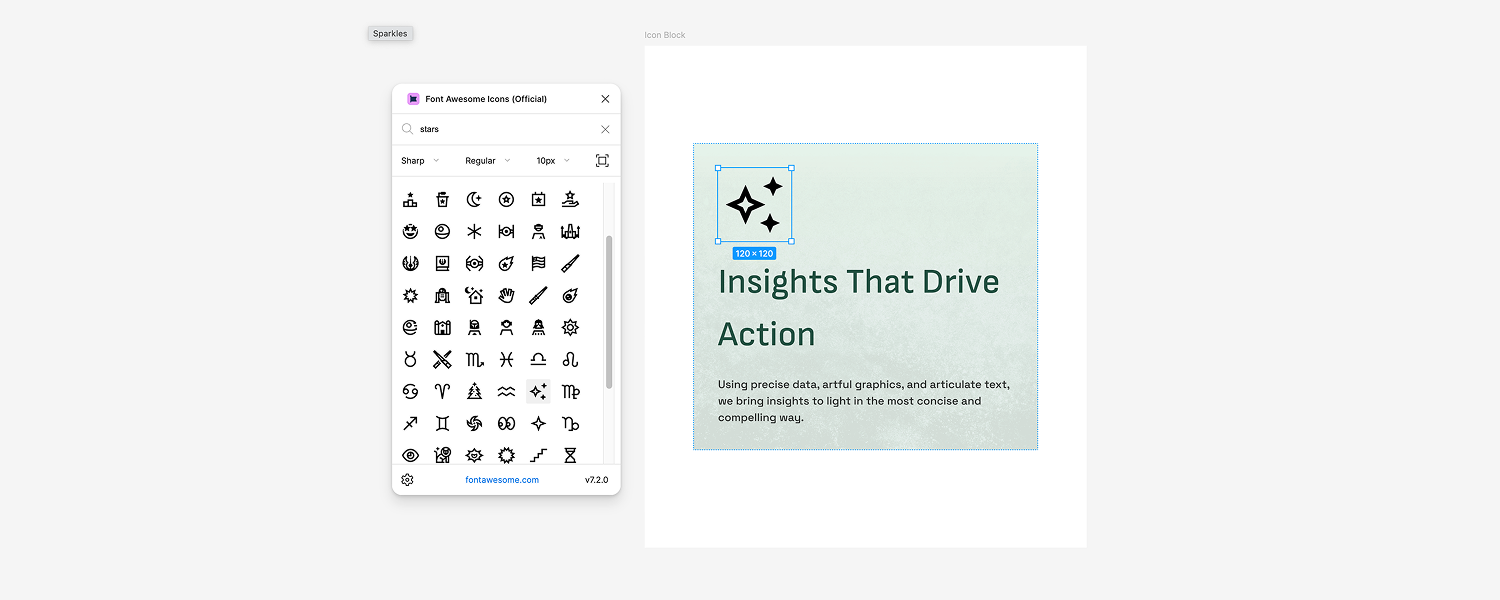 Ui of the Font Awesome plugin being used to add an icon to a real Figma component
