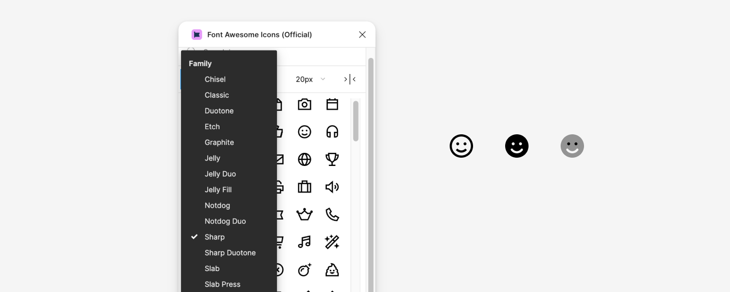 UI of the Font Awesome Figma plugin showcases the various styles available to choose from.