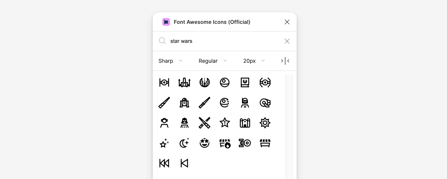 UI of the Font Awesome Figma plugin with a search term of Star Wars entered, and Star Wars icons display