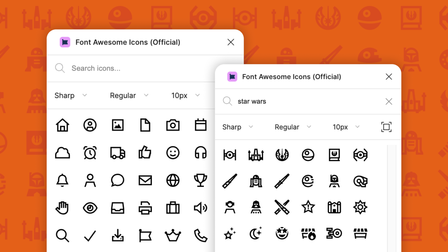 UI of the Font Awesome Figma plugin with an alternating icon pattern background